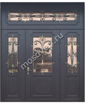 Большая входная дверь МДФ с натуральным шпоном с зеркалом, стеклом и ковкой - купить от производителя Мосдвери Большая входная дверь МДФ с натуральным шпоном с зеркалом, стеклом и ковкой
